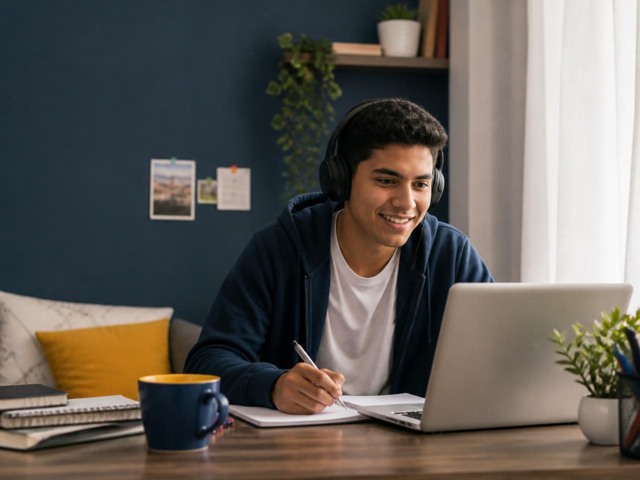 Estudiante tomando clase en línea desde casa con laptop